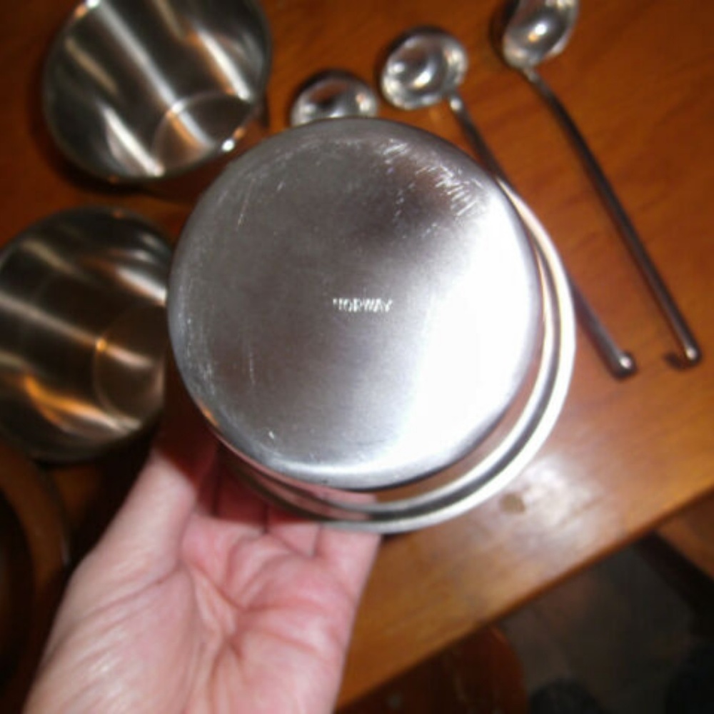 Mid-century Wood & Stainless Steel Condiment Dish 3sections & 3 spoons - Picture 7 of 8